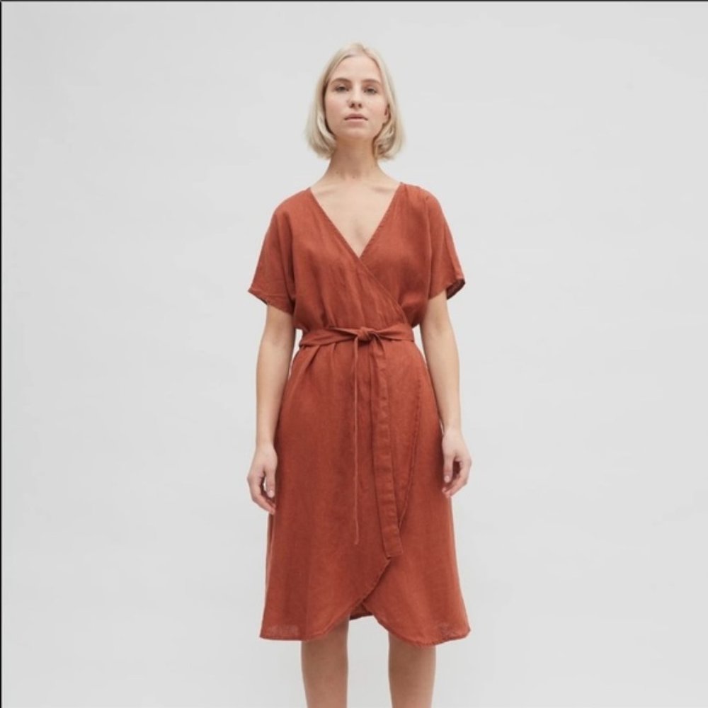 Linen Fox mimosa wrap dress in terracotta